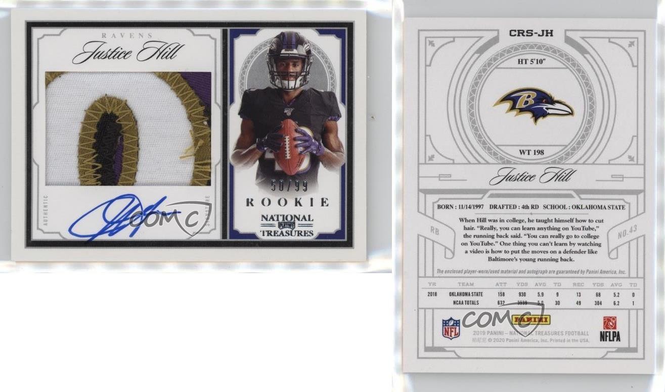 2019 National Treasures Crossover Rookie /99 Justice Hill RPA Patch Auto RC 4f5 view 3