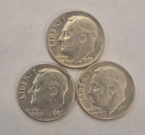 Lot of 3 ~ 1963 D, 90% Silver Roosevelt Dimes. Good Condition!