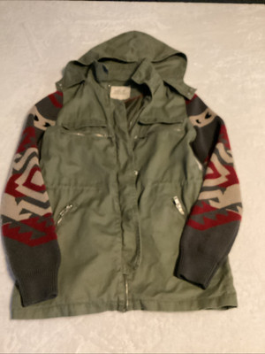 Thread Supply Womens S Olive Green Full Zip Jacket Aztec Sweater Sleeves Hooded