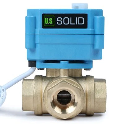 U.S. SOLID U. S. Solid 3 Way L Type Motorized Ball Valve 1/2in Brass 9-24V Manual Function