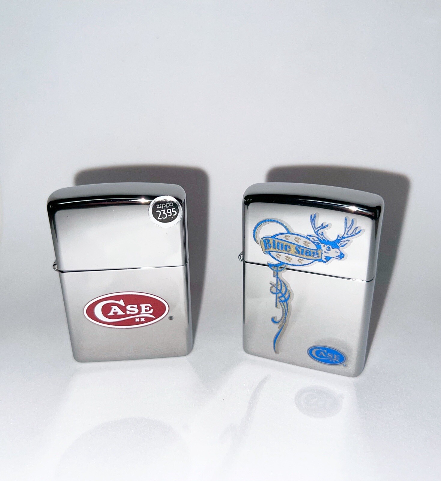 2 Rare Case Knife Logo '09 & Blue Stag 2011 ZIPPOS NIB Chrome Lighters