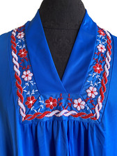 Vtg Blue Embroidered Flower Nylon Lounge Dress Long Nightgown Mod Boho Sz P