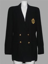 VTG Ralph Lauren Encrusted Crest Black Wool Double Breasted Long Blazer Wm's 8