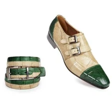 Premium Quality Handmade Two Tone Crocodile Leather Toe Cap Monk Strap men Shoes