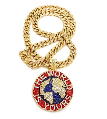 NEW ICE BLING WORLD IS YOURS PENDANT WITH 24'' ICE BLING CUBAN CHAIN