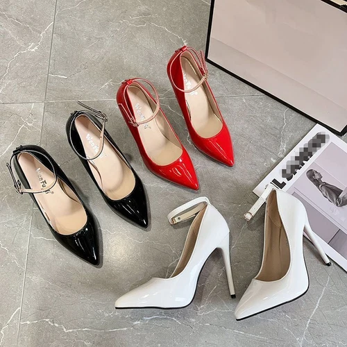 Sandali decolte donna cinturino alla caviglia tacco a spillo a punta fibbia festa tacco alto  - Foto 4 di 15