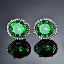 14K White Gold Plated 3Ct Round Cut Lab Created Green Emerald Halo Stud Earrings