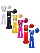 Kids Boys Girls 3Pcs/Sets Sequined Waistcoat Dress Up Vest Club Wear Jacket Hat