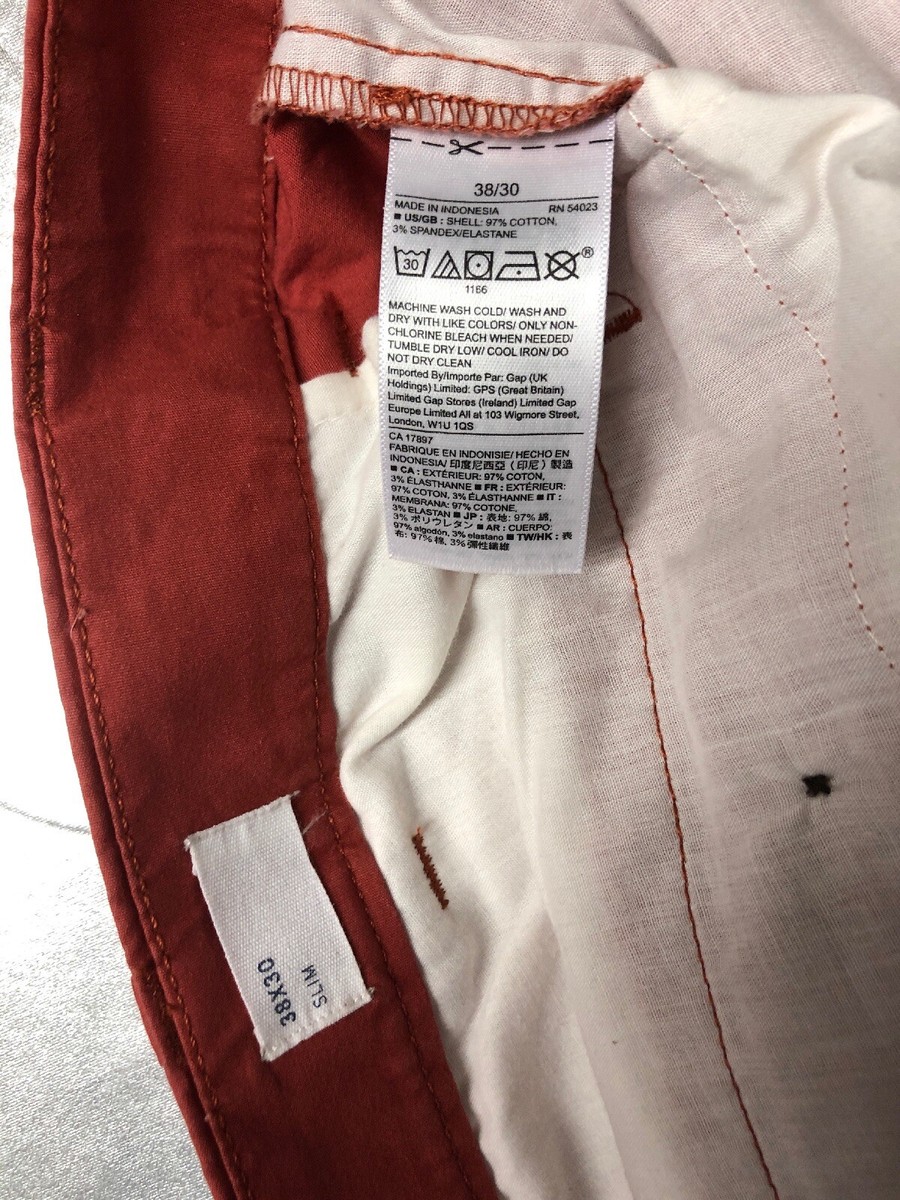 Pantalon Homme GAP Slim Stretch - Taille 38x30, Couleur Terra-cotta, Neuf Avec étiquette