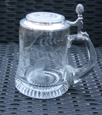 Dortmunder Ritter Bier, alter Bierkrug aus Glas, geschliffen, mit Zinndeckel