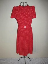 Vintage 50s/80s Polka Dot Red White Belt Dress S Pin Up Rockabilly Puffy Sleeve