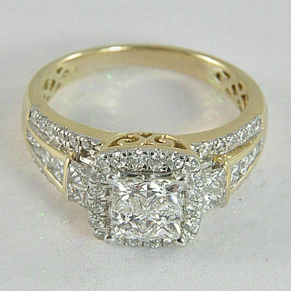 3Ct Princess Cut Lab Created Diamond 14K Gold Finish Engagement Cluster Ring - Image 4 of 4