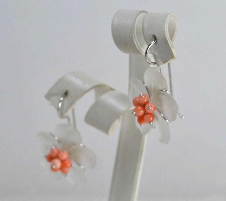 ORECCHINI IN ARGENTO 925  FIORI CRISTALLO ROCCA  25 mm CORALLO ROSA   AGHT 024RA - Immagine 2 di 4