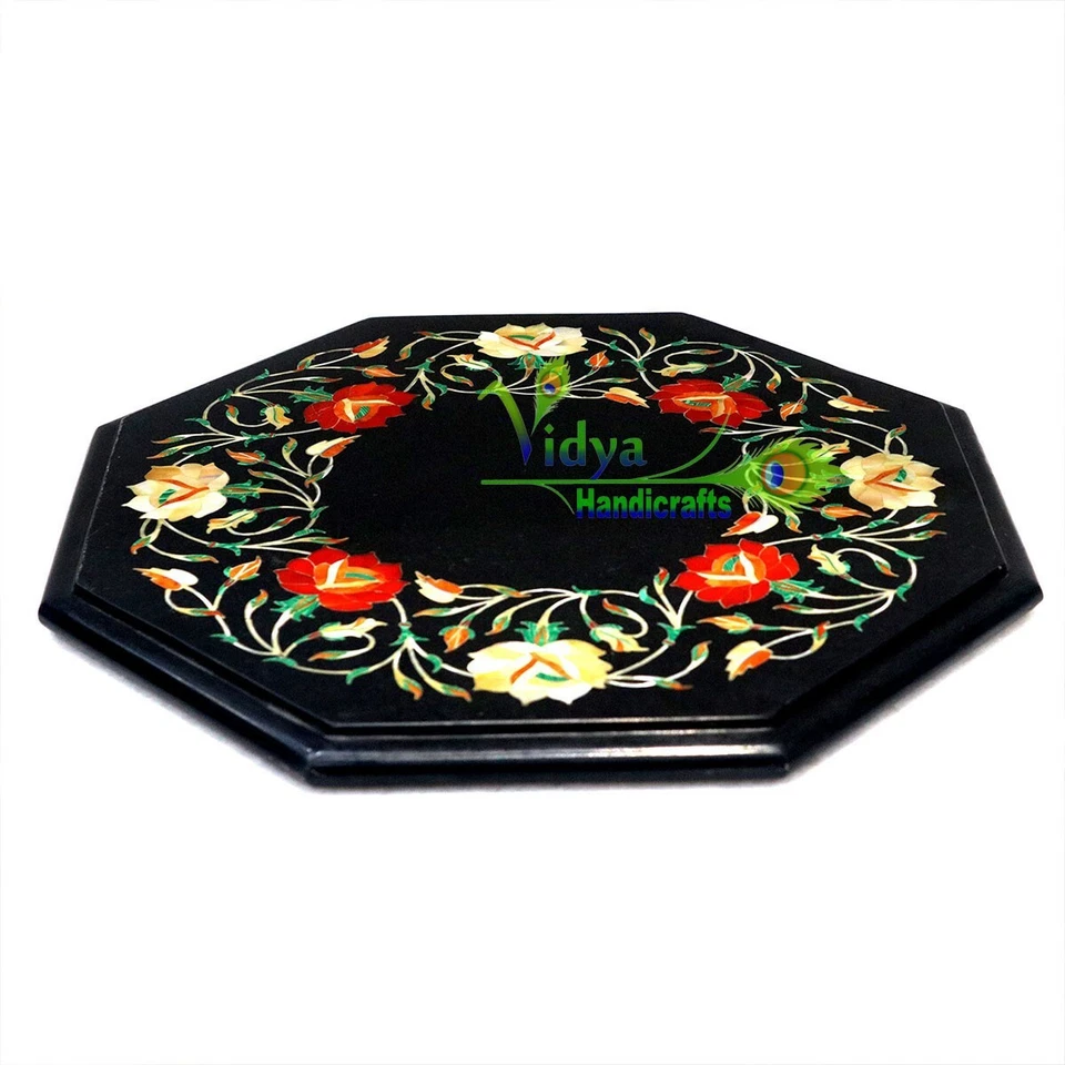 12" Marble Coffee Table Top Gems Inlay HandMade Table Marquetry Art Home Decor - Image 2 of 4