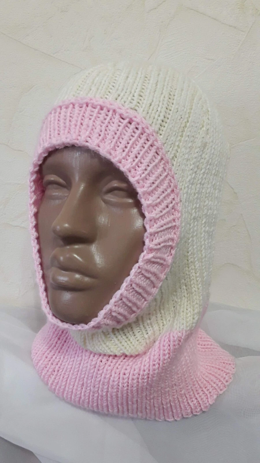 Handmade Pink & White Knit Balaclava – OOAK Winter Hood Hat –Soft Streetwear Hat