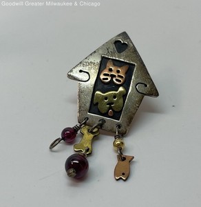 Far Fetched Copper Brass Mixed Metals Cat & Dog House Fish Bone Garnet Pin 8.7g