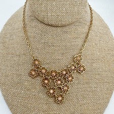 Vintage Gold Tone Statement Necklace with Flowers Floral Bib Collar Retro Y2K