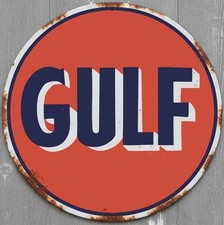 Gulf Gas & Oil 8" Diameter Vintage Novelty Metal Sign Made In USA New!