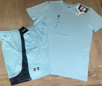 Under Armour Sportstyle Tee & Vent Print Blocked Shorts Navy-Stream Boys  XL NWT