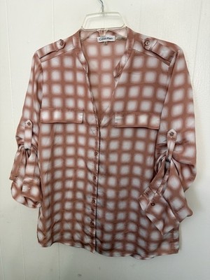 Calvin Klein Blouse M Pink Sheer Check Roll Tab Sleeve Button Front Chic