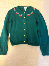 Janie and Jack Girls Size 7 Green Floral Knit Cardigan Sweater Crew Neck