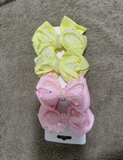 Set of 2 Girls Yellow  Pink Ribbon Hair Bows Glitter Unicorn Theme, OS
