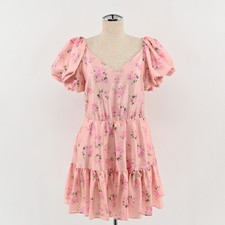 LoveShackFancy Cecile Mini Dress Womens Size 2 Pink Floral Puff Sleeve Tiered