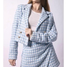 Jason Wu Blue White Gingham Tweed Cropped Double Breasted Blazer Jacket Size 8