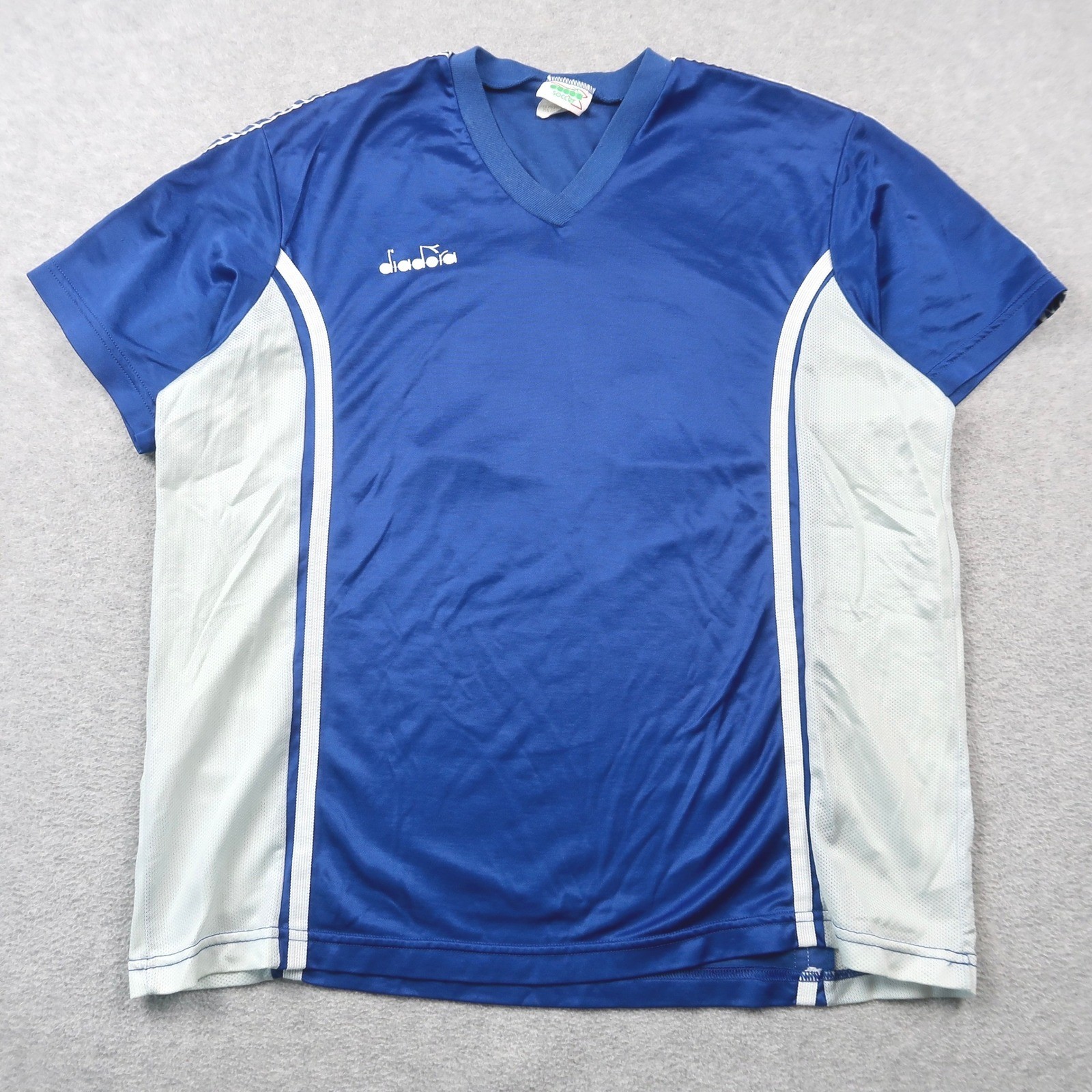 Diadora, Vintage 90s Diadora Soccer Jersey Mens Large Blue White V-Neck # 15 Made in USA