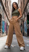 ZARA Women  s Wide Leg Trousers Size XS Tan Beige High Waist Button Brown Dressy