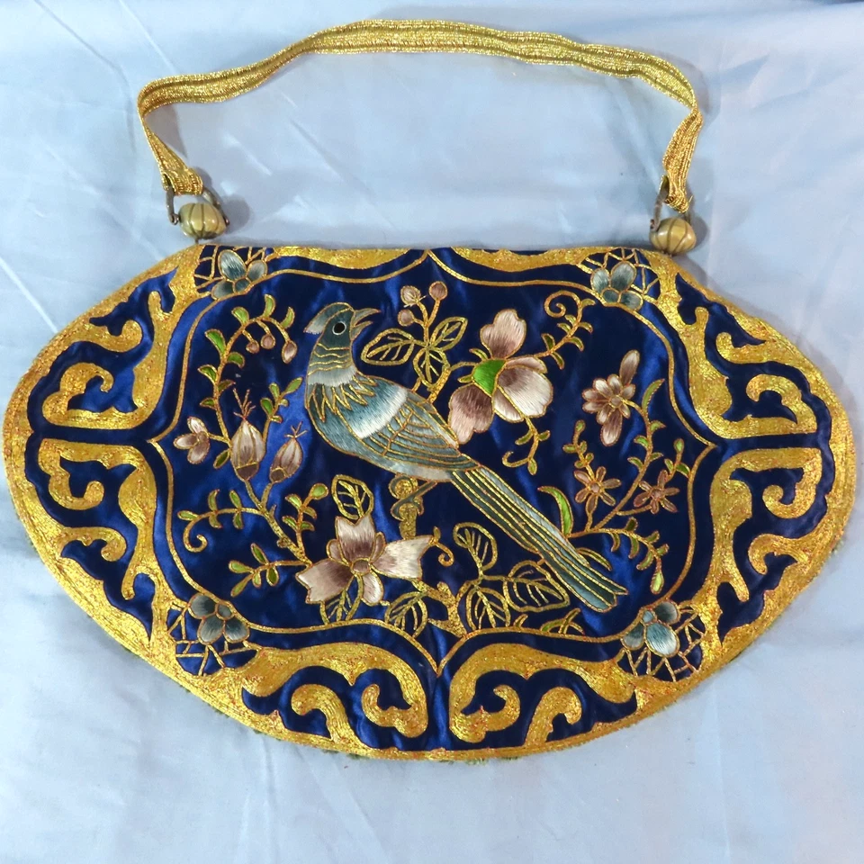 Bolso de Mano Bolso BORDADO HILO DORADO CHINO VINTAGE PÁJARO AZUL VERDE FLORES Foto 2 de 4
