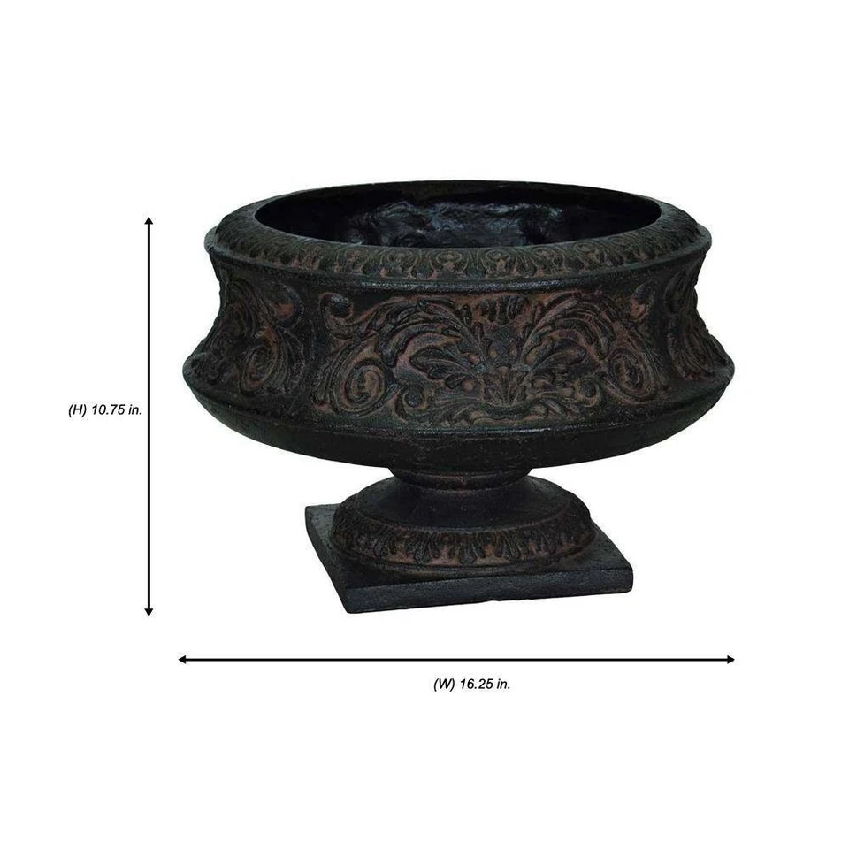 16-1/4 pulgadas X 10-3/4 pulgadas Urna baja ornamentada de fibra de vidrio de piedra fundida en carbón envejecido Foto 4 de 4