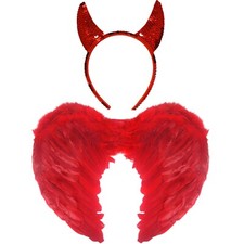 RED DEVIL SEQUIN HORNS BAND + FEATHER WINGS SET Halloween Fancy Dress Costume