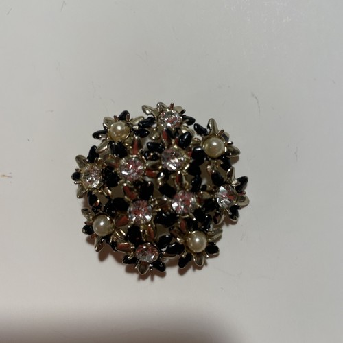 Silver Tone Black Crystal Pearl Cluster Bridal Pin Brooch Vintage - Picture 5 of 6