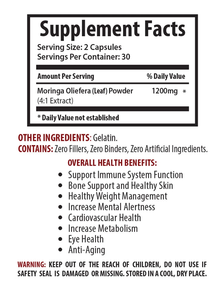 Píllicas para Pérdida de Peso - Extracto de Hoja de Moringa Oleífera 1200mg - 120 Cápsulas Foto 2 de 4