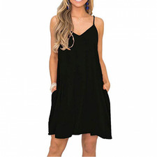 Summer Women's Thin Casual Solid Color V-Neck Sling Pocket Dress Mid-Skirt