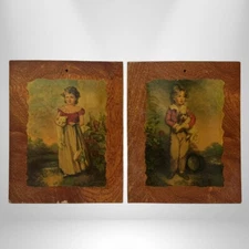 Jane Freeman girl with cat and Master Simpson boy with dog wood panel transfer
