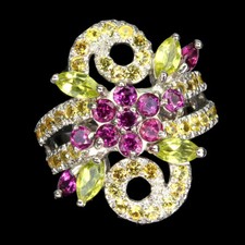 925 Sterling Silver Ring Peridot Sapphire Rhodolite Gemstone Jewelry Size 8