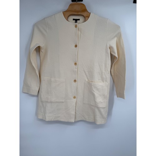 Eileen Fisher NWOT Crinkle Knit Long Cardigan Jacket Button Cream Cotton Sz S