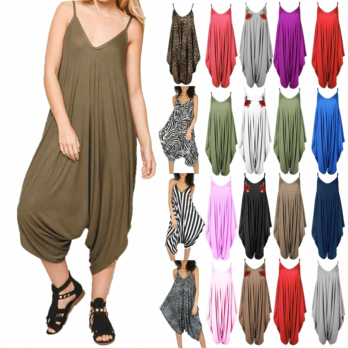 New Womens Ladies Cami Thin Strap Romper Baggy Loose Fit Harem Jumpsuit Playsuit