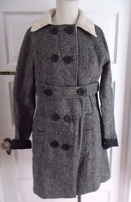 Quiksilver Faux Shearling Double Breasted Herringbone Tweed Wool Coat Womens S