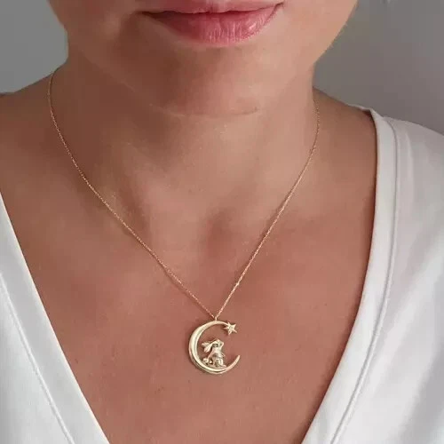 Collar Colgante Luna Conejo Diamante Natural 0.02 Ct Chapado en Oro Amarillo 14K Foto 3 de 4