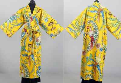 Indian Yellow Bird Printed Kimono Night Maxi Gown 100%Cotton Beachwear Kimono US