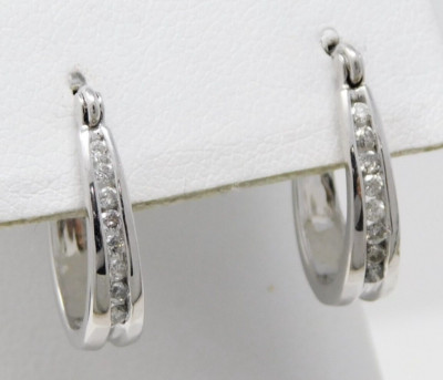 14 kt Weißgold Paar Diamant längliche Creolen Ohrhänger Schnappverschluss B4895