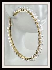 White Pearl Hoop Earrings 3.25" (70MM) Hoops Gold Plated Statement New
