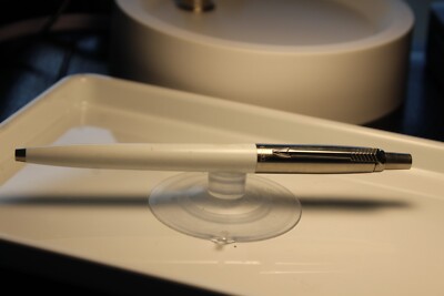 Vintage White Parker Jotter Ball Pen Resin Barrel Stainless Steel Cap