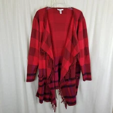 Isaac Mizrahi Open Front Wrap Buffalo Plaid Fringe Waterfall Sweater Womens 1X
