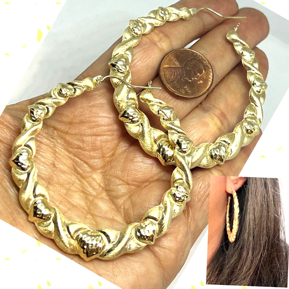 GOLd xo Hoop Earring round 10K heart love bamboo gift her sexy 60mm 2.35"  Big