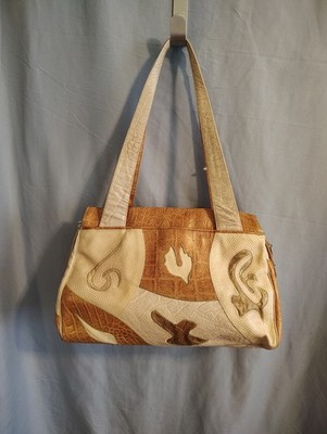 Sharif Patchwork Shoulder Bag Zip Closure Neutral Textured Boho Vintage