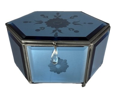 MCM Vintage Blue Mirrored Jewelry Trinket Box Glass Etched & Beveled Footed